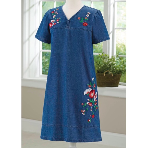 Country Store Floral Embroidered Denim Midi Dress - Picture 1 of 9